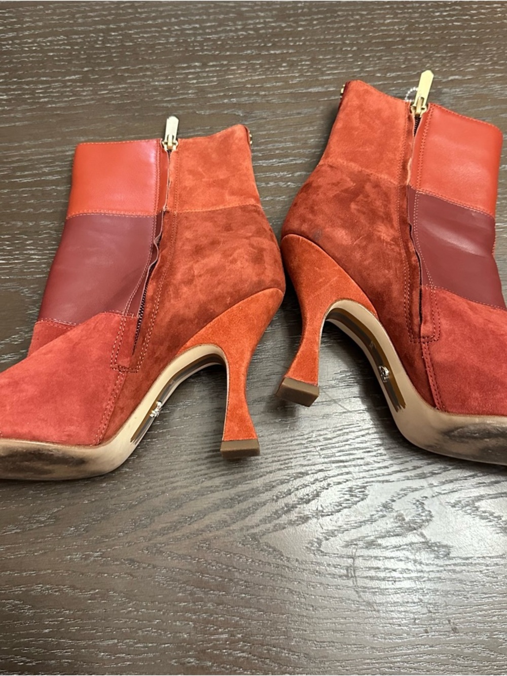 Sam Edelman Patchwork Rust & Brick Red Ankle Boots - Picture 2 of 4